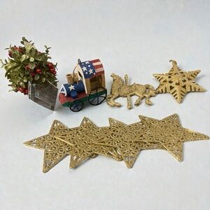 VTG Lot Of 8 Christmas Ornaments Gold Glitter Horse Stars 3D  Mistletoe & Train